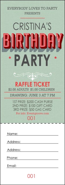 Birthday Party Green Raffle Ticket Product Front
