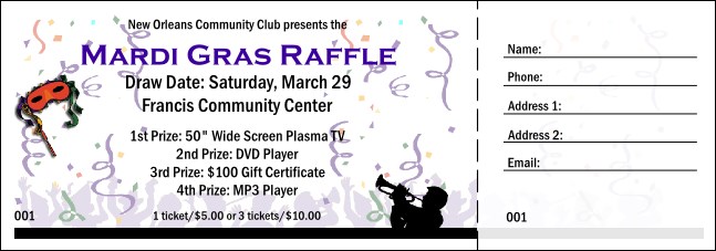 Mardi Gras Confetti Raffle Ticket Product Front
